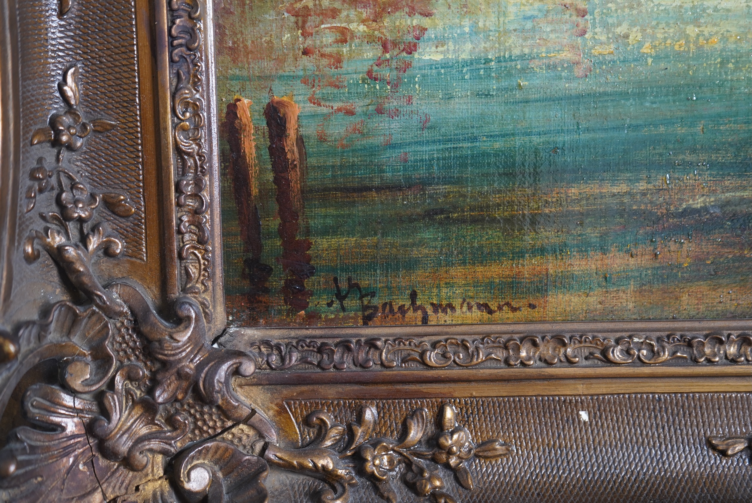 Alfred August Bachmann, German 1863-1956, Venetian canal with gondola